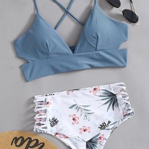 Tropical Criss Cross High Waisted Bikini Swimsuit